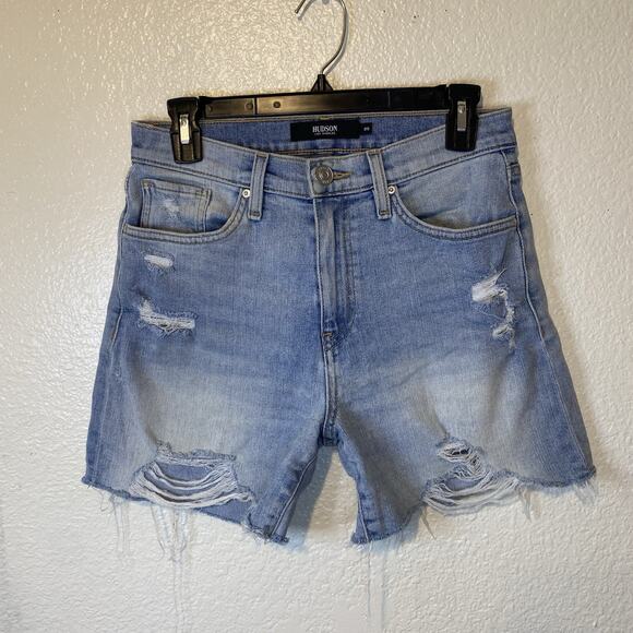 HUDSON Cut Off Distressed Devon Biker Shorts Denim Jean Stretch Womens Size 25 - Picture 1 of 9